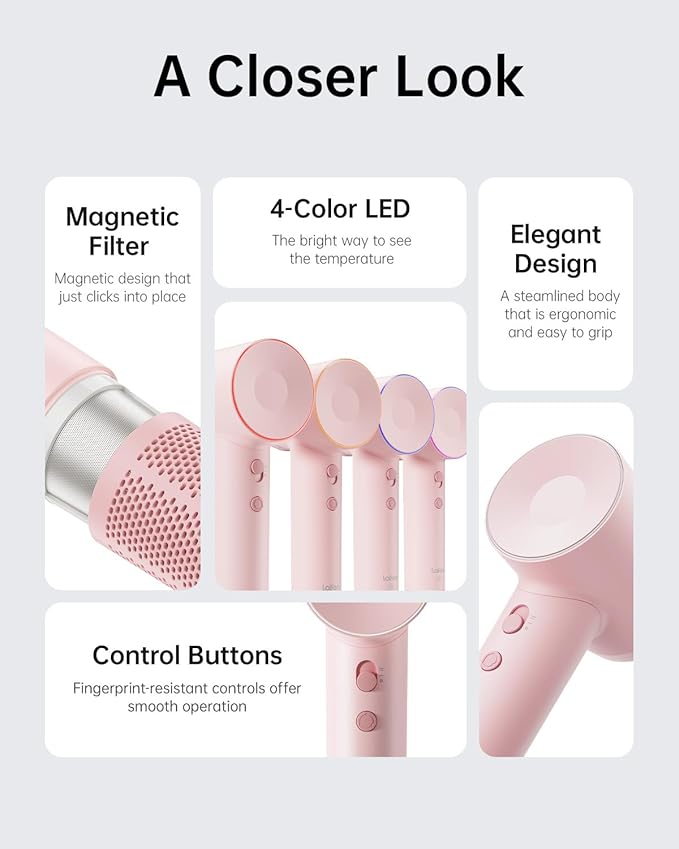 Laifen Hair Dryer SE, 200 Million Negative Ionic Blow Dryer with 105,000 RPM Brushless Motor 1400W Powerful Fast Drying High-Speed Low Noise Hairdryer with Magnetic Attachments