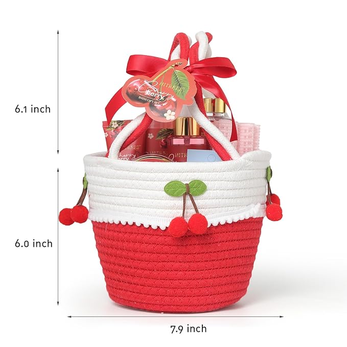Spa Gifts for Women, Cherry & Berry Spa Gift Set for Teenage Tote Bag, Shower Gel, Hand & Body Lotion, Hitrees Birthday for Best Friend Woman, Mom, Mothers Day