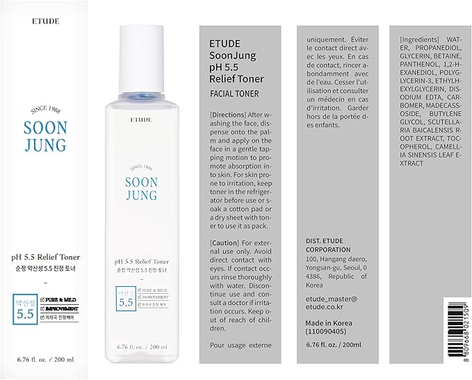 ETUDE Soonjung pH5.5 Relief Toner 200ml (New Version) | Skin Care Solution | Low PH Toner for Sensitive Skin | Non-Comedogenic, Hypoallergenic & Fragrance Free Moisturizer for Face