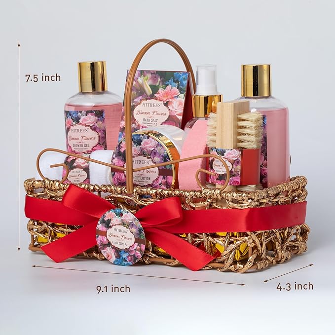 Spa Gift Basket for Women, ROSE & JASMINE Friendship Gifts Women, Tote Bag, Shower Gel, Hand & Body Cream, Hitrees Bath Gift Set for Her, Mom, Mothers Day