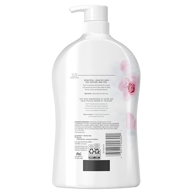 Olay Body Wash for Women, Fresh Radiance, Refreshing & Renewing, Made with Plant Based Cleansers, B3 Botanical Complex, For All Skin Types, Rose Water & Sweet Nectar Scent, 33 fl oz (Pack of 4)