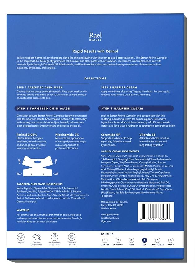 Rael Retinol Chin Mask with Miracle Clear Barrier Cream - Face Masks and Moisturizer, 2 Step Treatment, Niacinamide, Ceramide NP, for All Skin Types, Vegan, Korean Skincare (5 Kits)