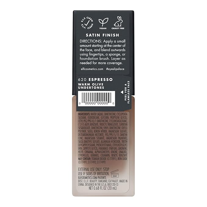 e.l.f. Flawless Satin Foundation, Lightweight & Medium Coverage, Semi-Matte Finish, Vegan & Cruelty-Free, Espresso, 0.68 Fl Oz (20mL)
