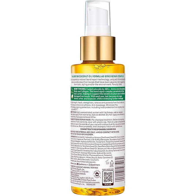 Palmer's Amino Bonding Complex Hair Oil, Healing Treatment with Coconut Oil & Vitamin E, Heat Protectant, Anti Frizz, Adds Shine, Strengthens & Protects Hair Growth, All Hair Types, 4 fl oz