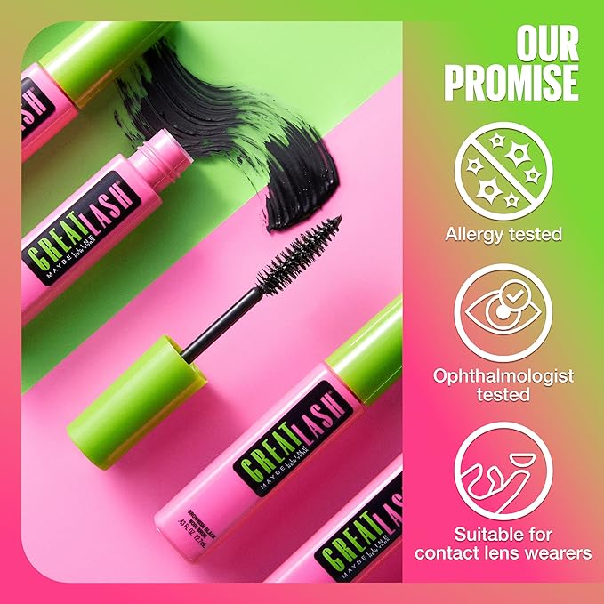 Maybelline Great Lash Washable Mascara Makeup, Volumizing Lash-Doubling Formula That Conditions As It Thickens, Blackest Black, 2 Count