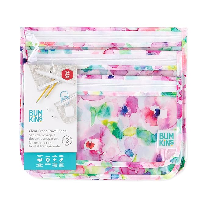 Bumkins Travel Bag, Toiletry, TSA Approved Pouch, Zip Bag, Quart Size Airline Compliant, Clear-Sided, Baby, Diaper Bag Organization, Makeup, Accessories, Packing, Set of 3 Sizes, Watercolors Floral