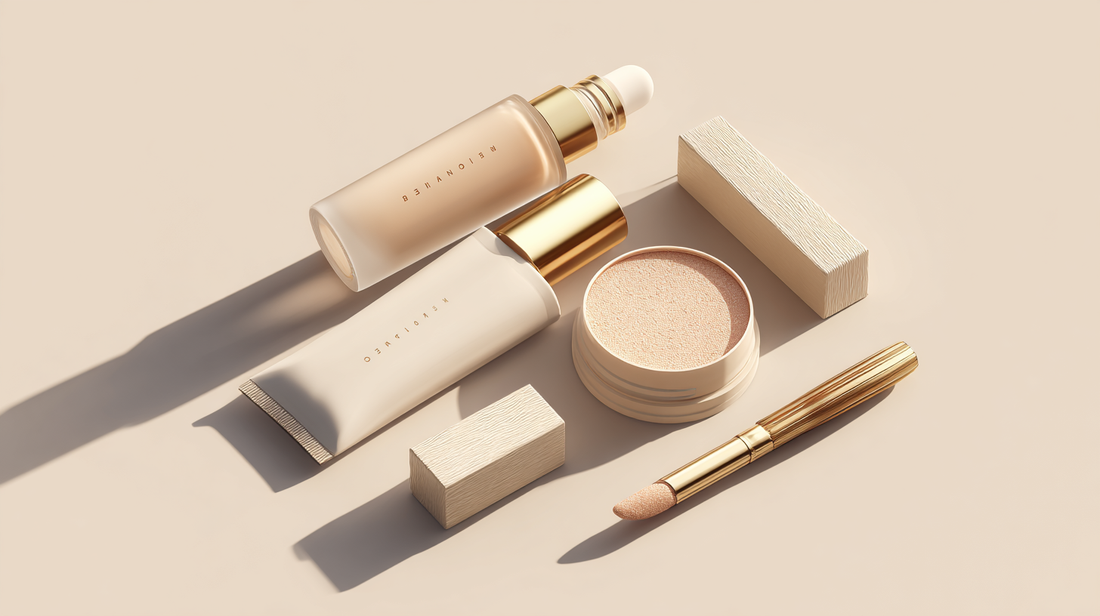 Flat lay of makeup essentials including a foundation bottle with gold cap, a primer tube, a loose powder container, and a makeup brush on a beige background.