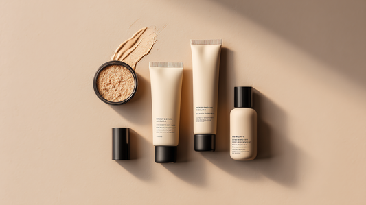 Flat lay of face makeup products including loose powder, foundation tubes, and a foundation bottle on a beige background.