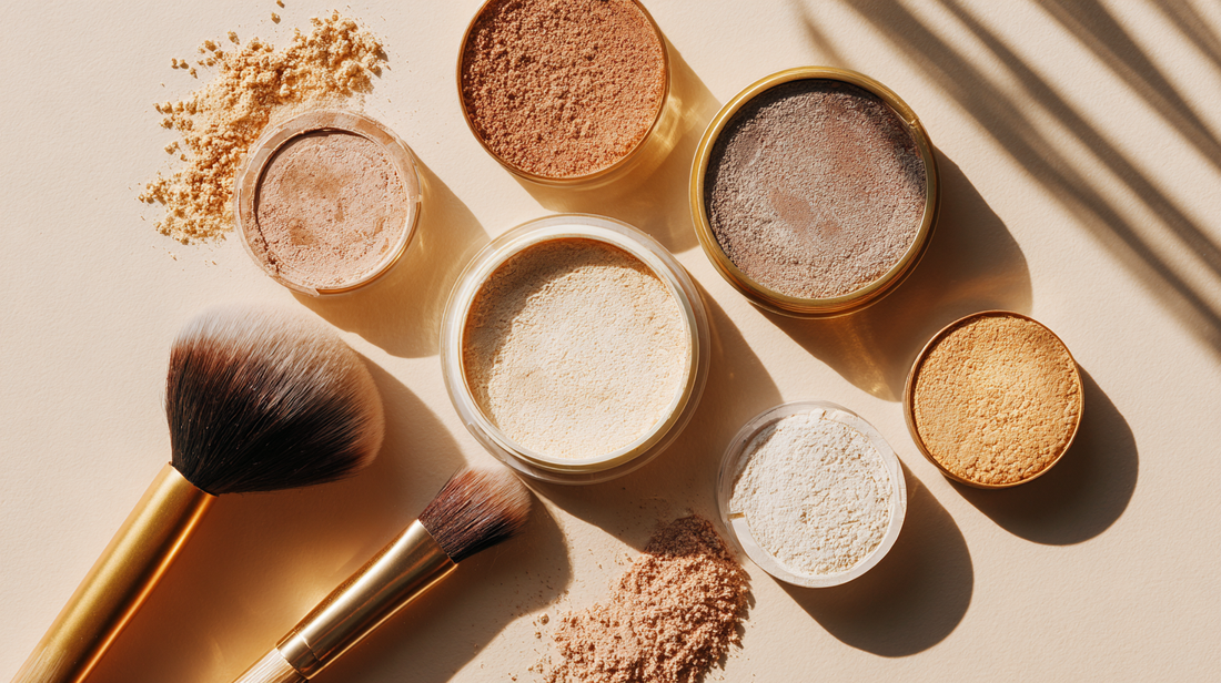 Essory loose face powders in small jars with makeup brushes on a beige background, translucent powder, tinted powder, and finishing powder for smooth makeup look.