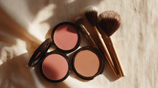 Essory blush and bronzer makeup compacts with gold-handled brushes on a soft fabric background, natural pink and bronze shades for radiant everyday beauty.