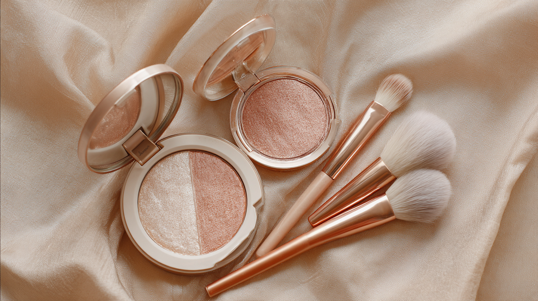 Essory highlighter and luminizer compacts with gold makeup brushes on a silky beige fabric, shimmering champagne and rose tones for radiant everyday glow.