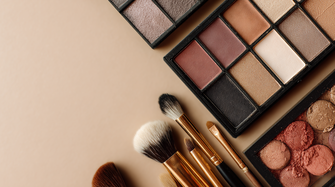 Essory eyeshadow palettes with neutral and warm shades, paired with gold makeup brushes on a beige background, versatile colors for everyday and bold eye looks.