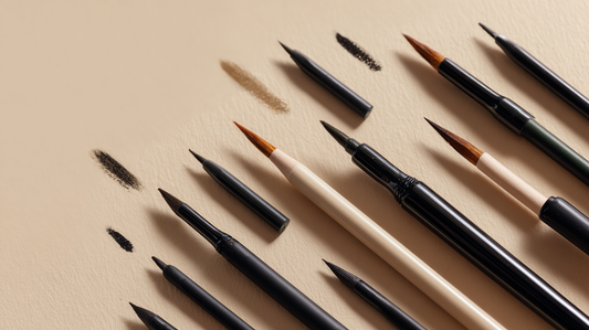 Essory Eyeliner Collection featuring liquid and pencil eyeliners with different brush tips on a beige background, waterproof and precision liners for bold and everyday eye mak