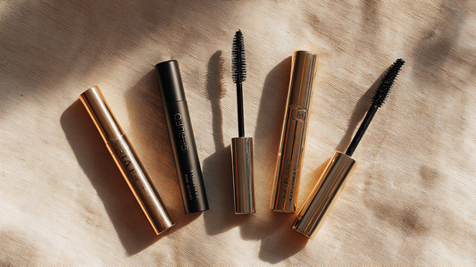 Essory Mascaras Collection featuring black and gold mascara tubes with applicator wands on a beige fabric background, volumizing and waterproof formulas for long-lasting lash definition.