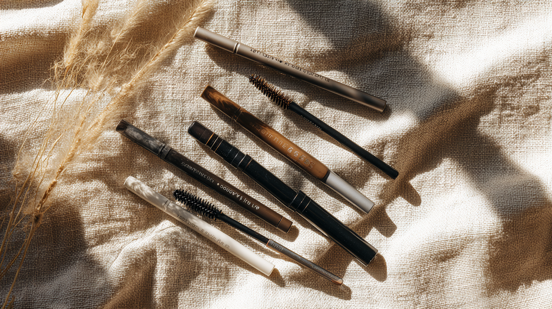 Essory Brow Pencils & Gels Collection featuring eyebrow pencils, spoolie brushes, and tinted gels on a beige fabric background, long-lasting tools for natural and defined brows.