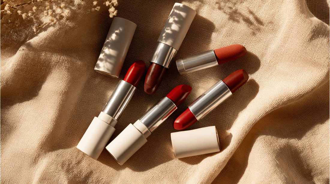Essory Lipsticks Collection featuring red and nude lipstick tubes with white caps on a beige fabric background, matte and satin finishes for Fall 2025 makeup trends.