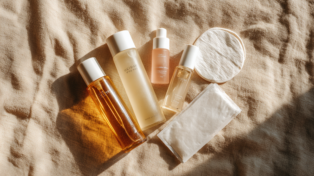 Essory Makeup Removers Collection with cleansing oils, micellar water bottles, cotton pads, and wipes on a beige fabric background, gentle skincare products for Fall 2025 healthy skin routine.