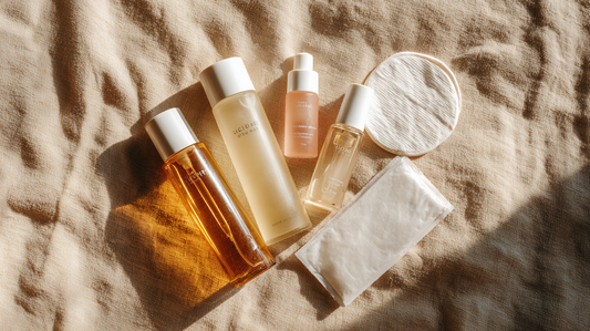 Essory Makeup Removers Collection with cleansing oils, micellar water bottles, cotton pads, and wipes on a beige fabric background, gentle skincare products for Fall 2025 healthy skin routine.