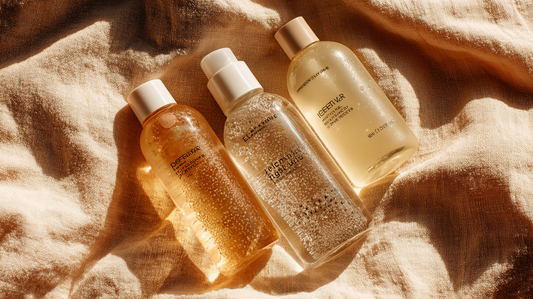 Essory Toners & Astringents Collection featuring clear and golden toner bottles on a beige fabric background, hydrating and balancing skincare essentials for Fall 2025.