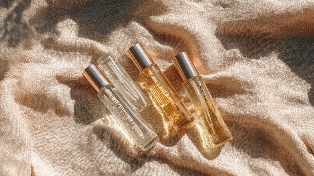 Essory Toners & Astringents Collection featuring clear and golden toner bottles with silver caps on a beige fabric background, hydrating and pore-refining skincare essentials for Fall 2025.
