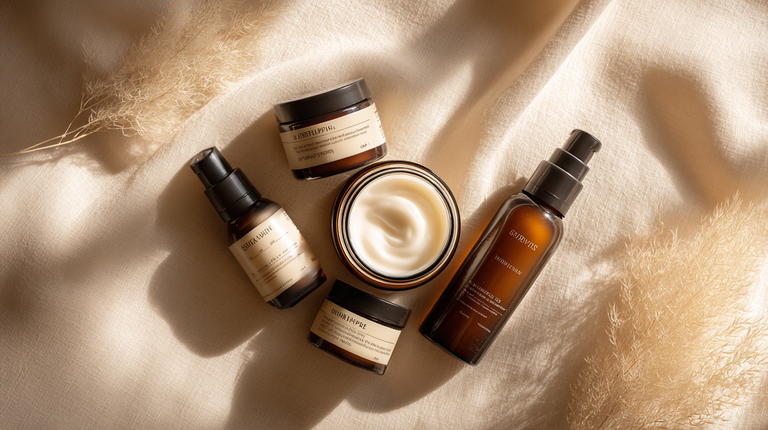 Essory Moisturizers Collection featuring hydrating cream jars and pump bottles on a beige fabric background, nourishing face creams for Fall 2025 skincare routines.