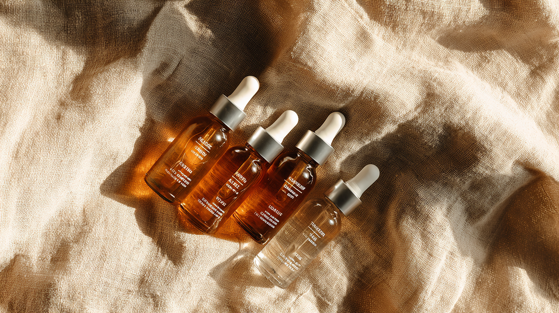 Essory Facial Oils Collection featuring amber glass dropper bottles on a beige fabric background, nourishing and hydrating facial oils for Fall 2025 skincare routines.