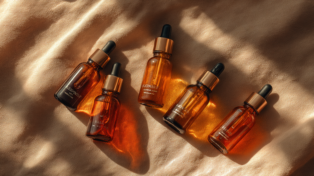 Essory Facial Oils Collection with amber glass dropper bottles on a beige fabric background, nourishing and hydrating oils for glowing and healthy skin in Fall 2025.