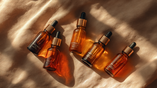 Essory Facial Oils Collection with amber glass dropper bottles on a beige fabric background, nourishing and hydrating oils for glowing and healthy skin in Fall 2025.