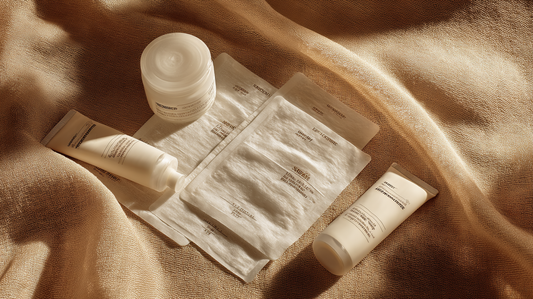 Essory Face Masks Collection featuring sheet masks, cream jars, and skincare tubes on a beige fabric background, hydrating and brightening treatments for Fall 2025 skincare routines.