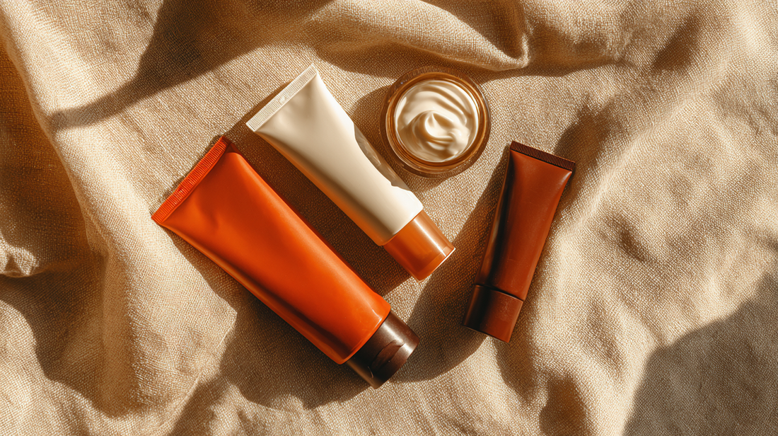 Essory Sunscreens Collection featuring sunscreen tubes and a cream jar on a beige fabric background, lightweight SPF and hydrating sun protection for Fall 2025 skincare routines.