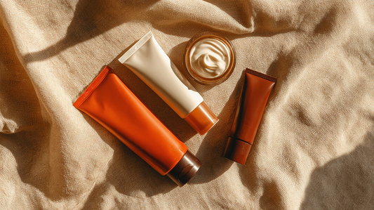 Essory Sunscreens Collection featuring sunscreen tubes and a cream jar on a beige fabric background, lightweight SPF and hydrating sun protection for Fall 2025 skincare routines.