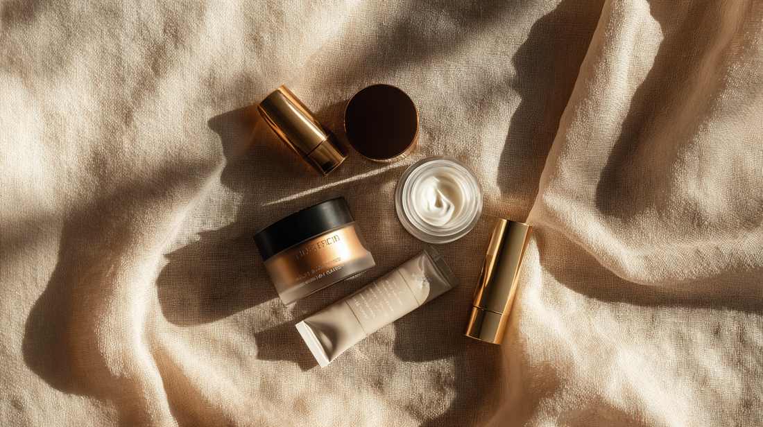 Essory Eye Creams & Treatments Collection featuring hydrating cream jars and golden treatment tubes on a beige fabric background, anti-aging and brightening skincare for Fall 2025.