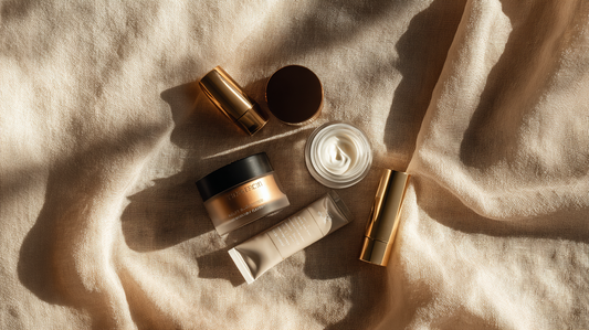 Essory Eye Creams & Treatments Collection featuring hydrating cream jars and golden treatment tubes on a beige fabric background, anti-aging and brightening skincare for Fall 2025.