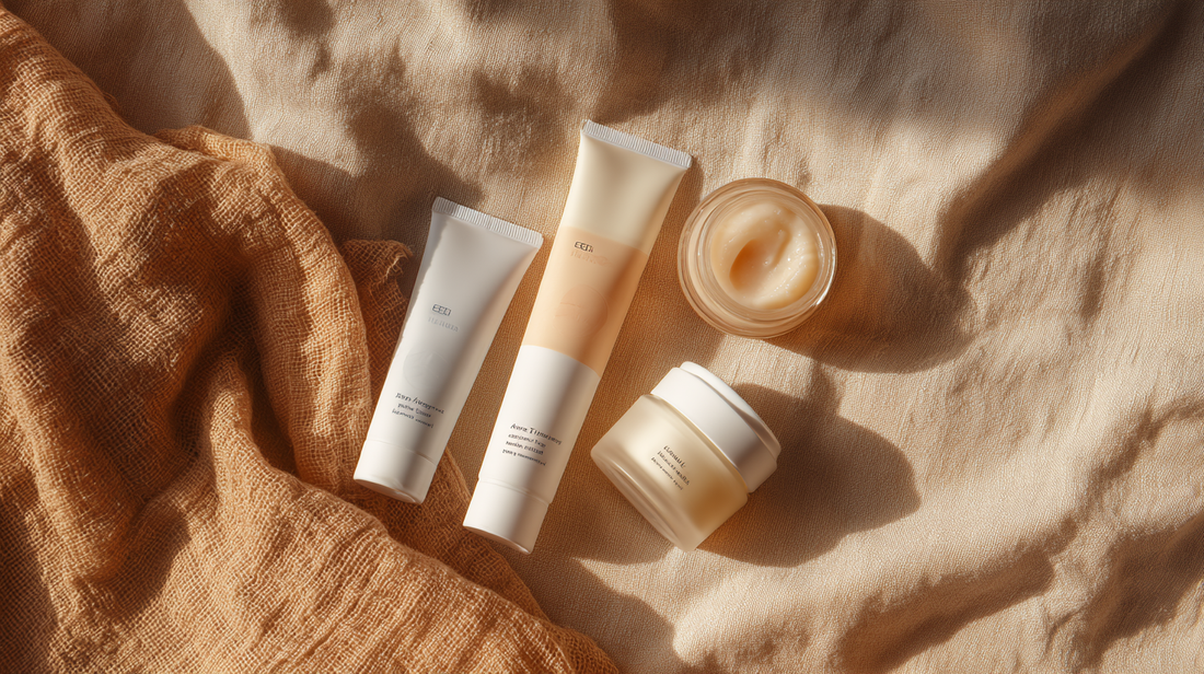 Essory Acne Treatments Collection featuring treatment tubes and cream jars on a beige fabric background, gentle skincare solutions for breakouts and clear skin in Fall 2025.