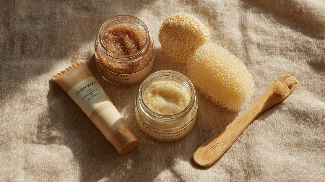 Essory Body Exfoliators & Scrubs Collection featuring natural sugar scrubs in glass jars, exfoliating cream tube, loofahs, and wooden applicator on beige fabric background for smooth skin care in Fall 2025.