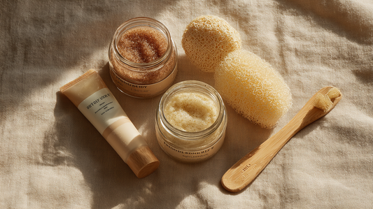 Essory Body Exfoliators & Scrubs Collection featuring natural sugar scrubs in glass jars, exfoliating cream tube, loofahs, and wooden applicator on beige fabric background for smooth skin care in Fall 2025.
