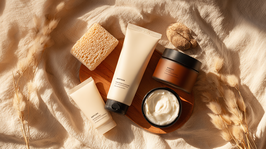 Essory Body Lotions & Creams Collection featuring hydrating cream jars, moisturizing lotion tubes, and natural sponges on a beige fabric background, nourishing skincare for Fall 2025.