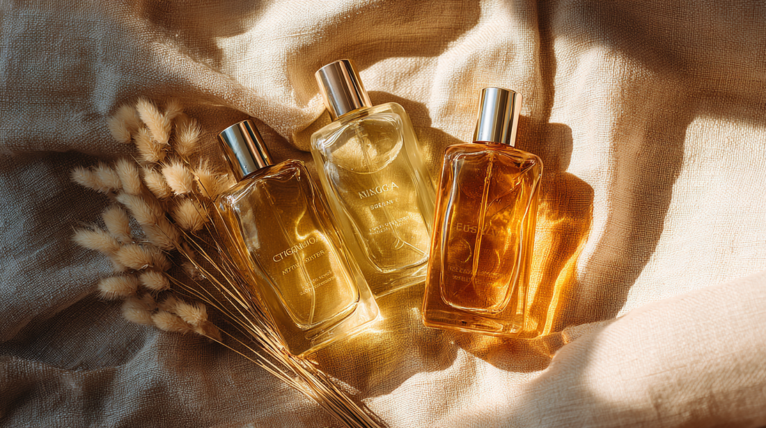 Essory Body Oils Collection featuring three luxury glass oil bottles with golden hues placed on beige fabric with dried floral accents, hydrating and nourishing skincare oils for Fall 2025.