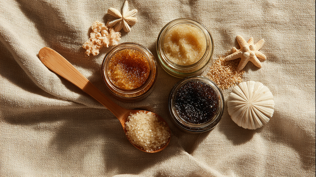 Essory Body Lotions & Creams Collection featuring hydrating cream jars, moisturizing lotion tubes, and natural sponges on a beige fabric background, nourishing skincare for Fall 2025.