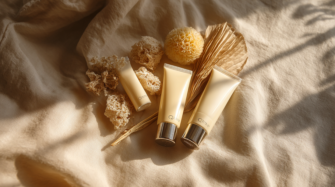 Essory Foot Creams Collection featuring moisturizing cream tubes and spa elements on beige fabric background, hydrating and soothing skincare for dry feet in Fall 2025.