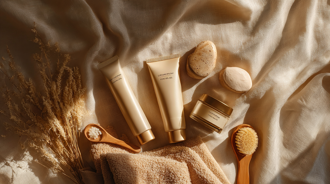 Essory Deodorants Collection featuring natural deodorant tubes, cream jar, and wooden body care tools on beige fabric background, gentle odor protection for Fall 2025 skincare routines.