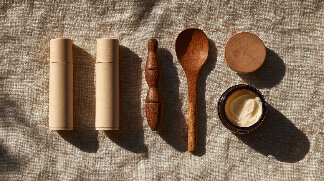 Essory Deodorants Collection featuring natural deodorant sticks, wooden massage tools, and a cream jar on linen fabric background, eco-friendly odor protection for Fall 2025 skincare.