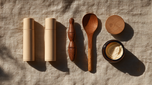 Essory Deodorants Collection featuring natural deodorant sticks, wooden massage tools, and a cream jar on linen fabric background, eco-friendly odor protection for Fall 2025 skincare.