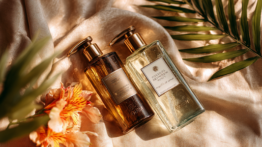Essory Body Wash & Shower Gels Collection featuring luxury pump bottles with floral accents and tropical leaves on beige fabric, hydrating and refreshing skincare for Fall 2025.