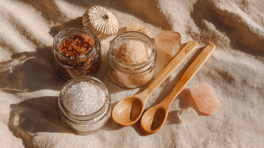 Essory Bath Salts & Soaks Collection featuring glass jars filled with Himalayan pink salt, mineral bath crystals, and natural scrubs with wooden spoons on beige fabric background for Fall 2025 self-care.