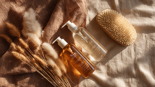 Essory Shampoos Collection featuring clear pump bottles with golden and transparent formulas, placed with natural brush and dried floral accents on beige fabric, hydrating haircare for Fall 2025.