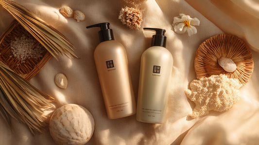 Essory Conditioners Collection featuring luxury pump bottles placed with natural spa elements, seashells, and dried leaves on beige fabric background, hydrating and smoothing haircare for Fall 2025.