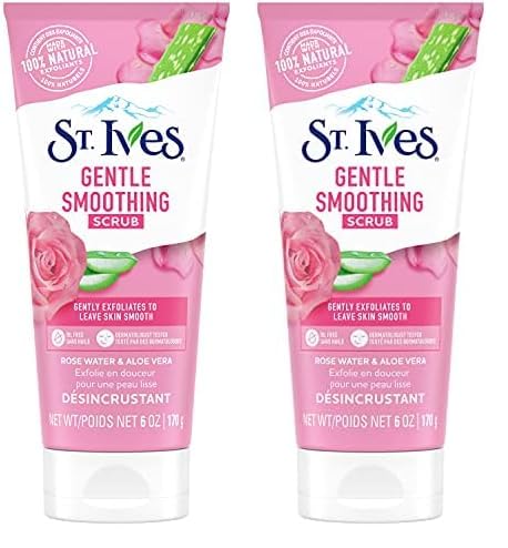 St. Ives Gentle Smoothing Face Scrub Our Gentlest Scrub Yet Rose Water and Aloe Vera Made with 100 percent Natural Exfoliants, Paraben Free, Oil-Free, Dermatologist Tested 6 oz (Pack of 2)