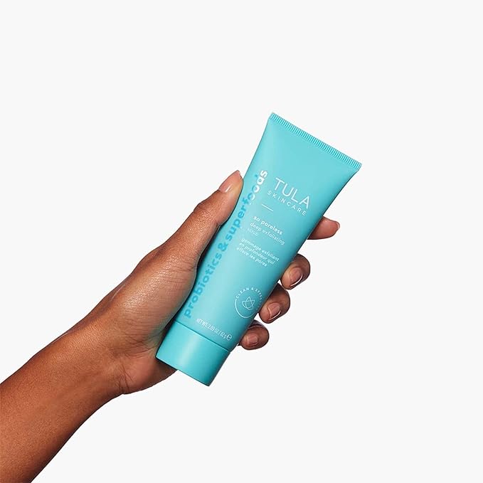 TULA Skin Care So Poreless Exfoliating Blackhead Scrub - Powerful and Gentle Exfoliation, Refreshing and Smoothing, Contains Probiotic Extracts, Volcanic Sand, Pink Salt, and Witch Hazel, 2.89 oz.