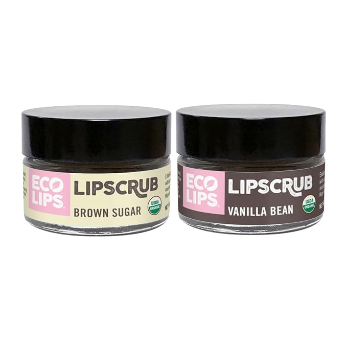 Eco Lips LIP SUGAR SCRUB 2 Pack (2-0.5oz jars) 100% Organic Lip Care Treatment with Organic Sugar & Coconut Oil - Gently Exfoliate & Polish Dry, Flaky Lips, 100% Edible (Vanilla Bean & Brown Sugar)